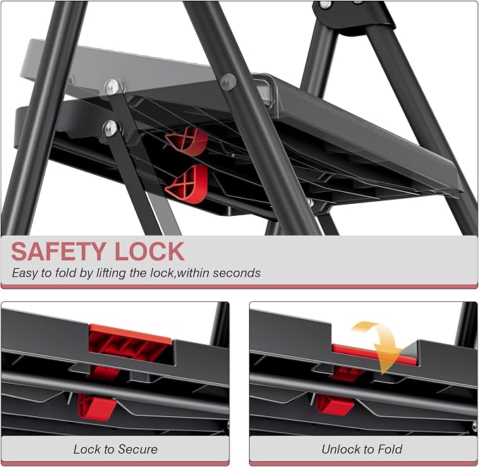 TOOLF 3 Step Ladder, Folding Step Stool with Anti-Slip Wide Pedals & Handrail, Safe-Lock Design, Portable Sturdy Steel Ladder Stool for Home & Kitchen – Black