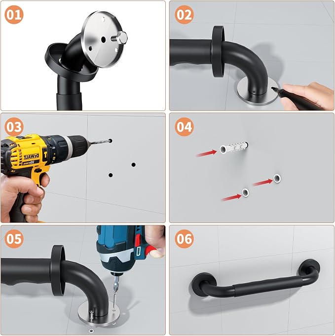2 Pack 12 Inch Black Shower Grab Bar w/Anti Slip Rubber Grip,ZUEXT Stainless Steel Bath Grab Bar,Bathroom Balance Bar,Wall Mount Safety Handrail Support,Handicap Injury Elderly Senior Assist Handle