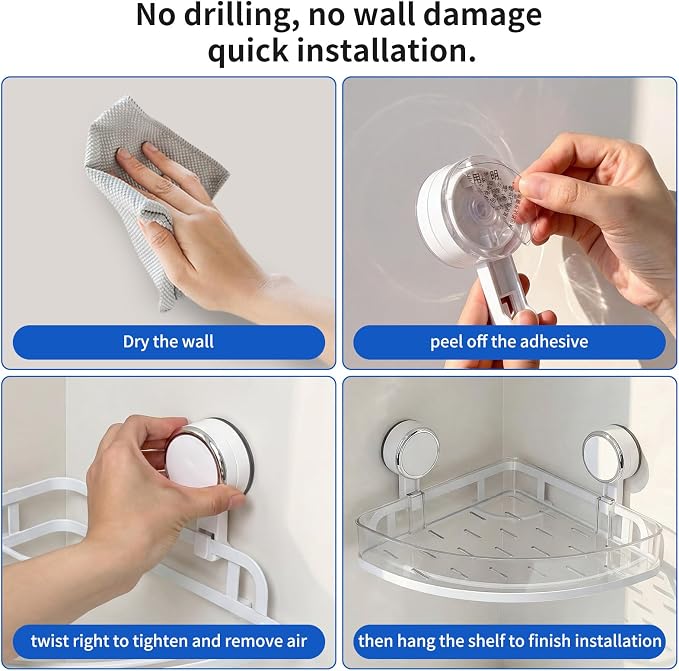 Suction Cup Corner Shower Caddy, Shower Caddy Basket Powerful Suction Bathroom, Waterproof & Rustproof Organizer for Bathroom Storage, No-Drilling Removable- 1 Pack