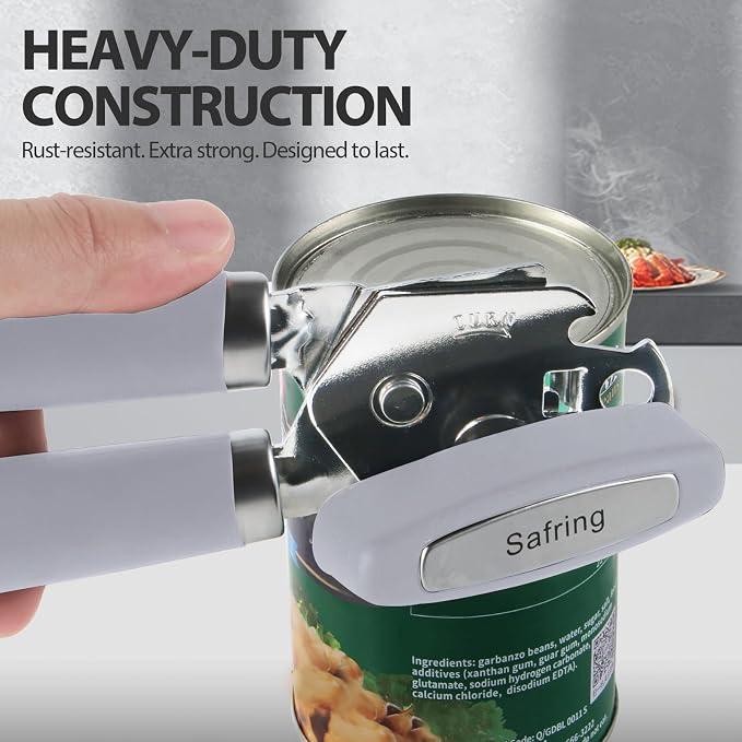 Safring Can Opener Manual, Heavy Duty Handheld Strong Can Opener with Soft Touch Handle, Sharp Blade Smooth Edge, Can Openers with Multifunctional Bottle Opener, Lavender