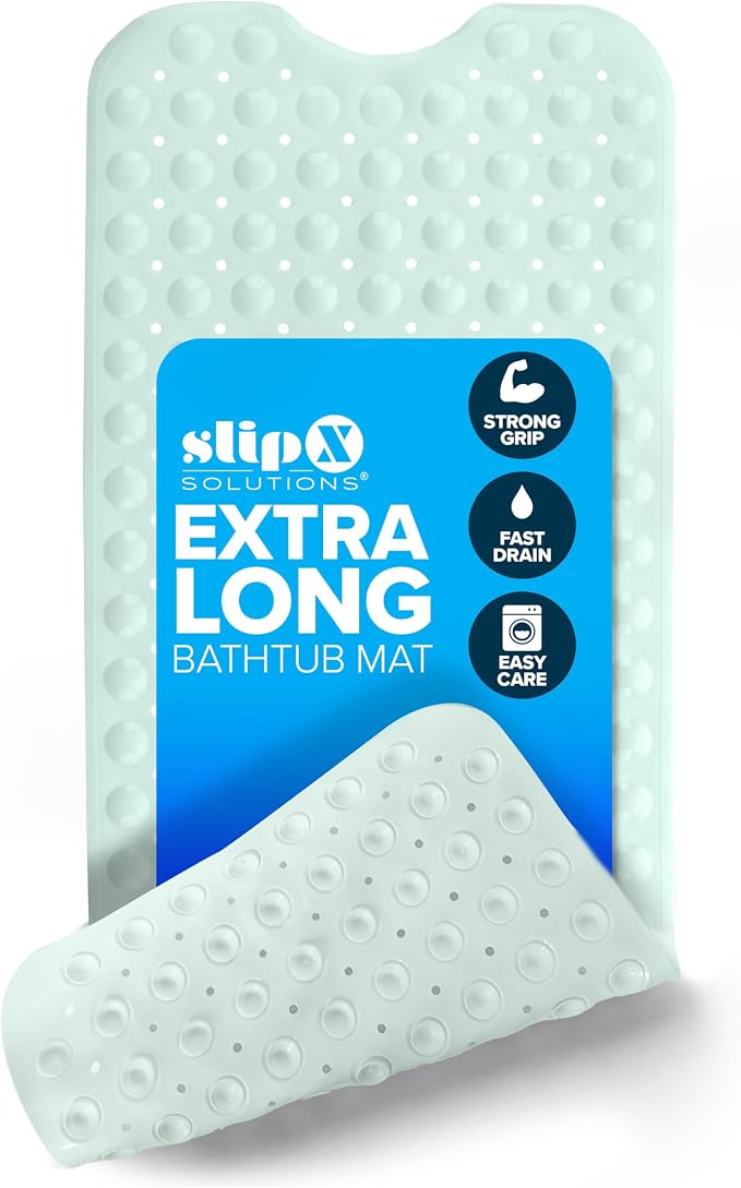 SlipX Solutions Power Grip Extra Long Bath Tub & Shower Mat 39x16, Wet Floor Non-Slip for Elderly & Kids Bathroom, 30% Longer Bathtub Mats, 200 Suction Cups, Drain Holes (1, Seafoam Green)