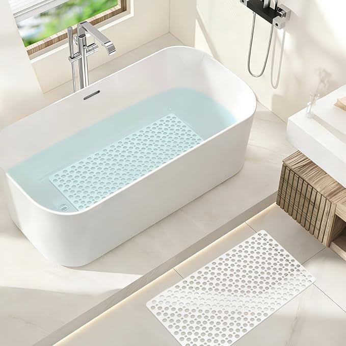 Bathtub Mat and Shower Mat Non Slip: 30 x 17 inch Soft TPE Bath Tub Mat with Suction Cups and Drain Holes, Anti Slip Shower Mats for Inside Shower, Machine Washable, Easy to Dry&Cut
