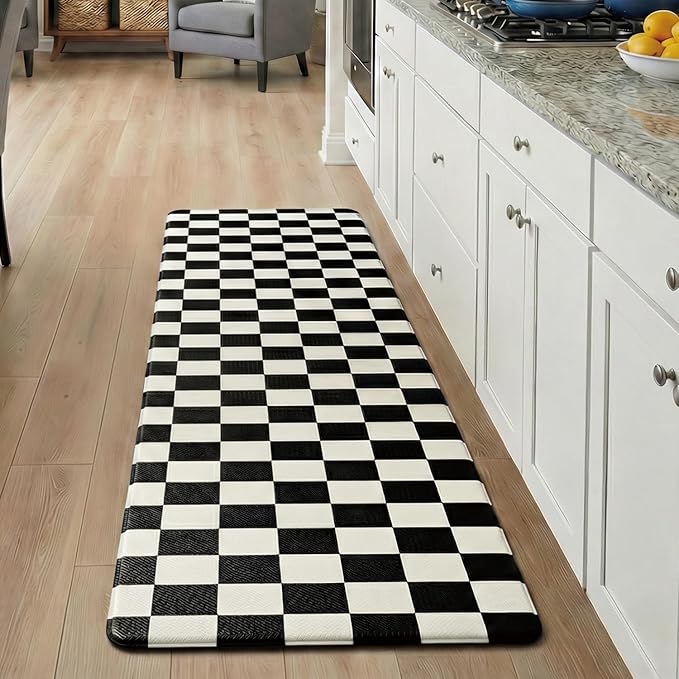 Beige Black Checkered Grid Checkerboard Kitchen Rug Sets [1 PC], Anti-Fatigue, Waterproof Non-Slip Kitchen Mats Heavy Duty Comfort Foam Rug for Kitchen, Floor, Laundry,17"x59"
