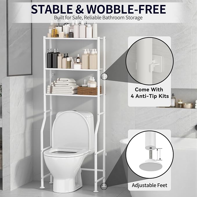 3-Tier Over The Toilet Storage, Freestanding Metal Bathroom Shelves, Space Saver Above The Over Toilet Storage Shelf for Bathroom (White)