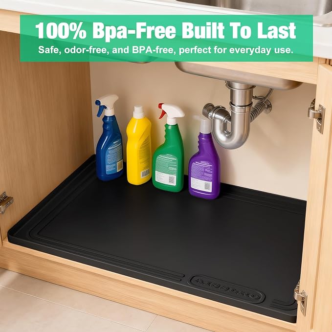 Aisslro Under Sink Mat 28" X 19", Waterproof Silicone Under Sink Mats for Kitchen, Anti-Leak Shelf Liner & Cabinet Protector with Raised Edge, [BPA Free] Bathroom Tray Home Organizer, Black