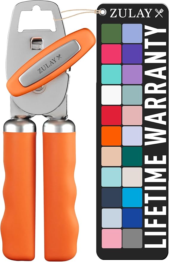 Zulay Kitchen Heavy Duty Stainless Steel Can Opener Manual with Bottle Opener - Rust Proof Manual Can Opener With Turn Knob & Comfy Soft Grip Handles - Orange
