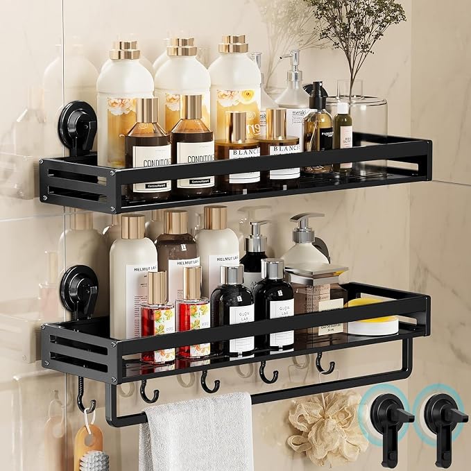 Suction Cup Shower Caddy, 11.8 inch Extended Version,5 Hooks & Towel Rrack, No Drilling Required, Rust-resistant Bathroom Shower Organizer,with 2 Extra Suction Cups for Replacement Use (2Pack-Black)
