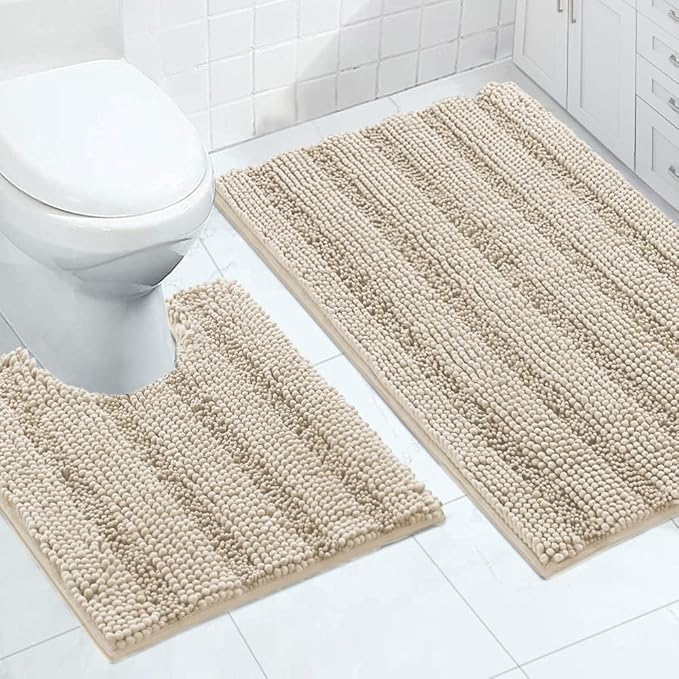 Turquoize Bathroom Rugs Set Non-Slip Bath Mats for Bathroom Super Absorbent Shaggy Rugs for Tub Shower Toilet Soft Plush Bath Rug Plus U Contour Rug (Oversized: 24" x 36" and 20" x 24" U), Fog