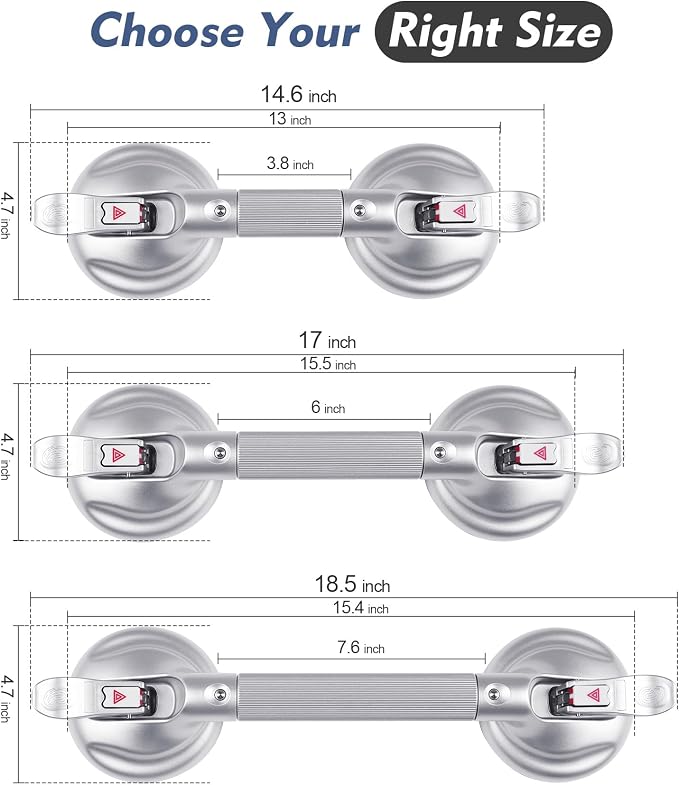 Grab Bars for Bathtubs and Showers, 17-inch Upgraded Safety Suction Grab Bar for Shower, Tools-Free Installation for Bathroom Wall, Shower Handles for Elderly with Enlarged Suction Cup - Silver
