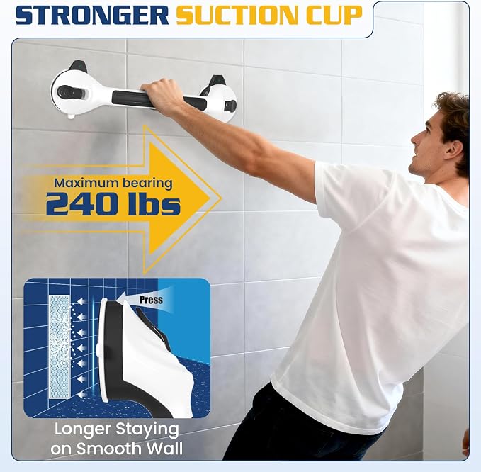 KVANT Shower Grab Bars for Seniors, 16.5 Inch Shower Handle (Black White) | Safety Signal Indicators, Strong Suction Cup, Easy Installation, No Drill, Removable, Anti-Slip, Waterproof