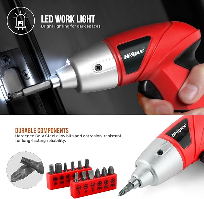Hi-Spec 19pc 3.6V USB Small Power Screwdriver & Home DIY Tool Kit Set. Cordless & Rechargeable Electric Screwdriver and Compact Hand Tool Box Set,Red