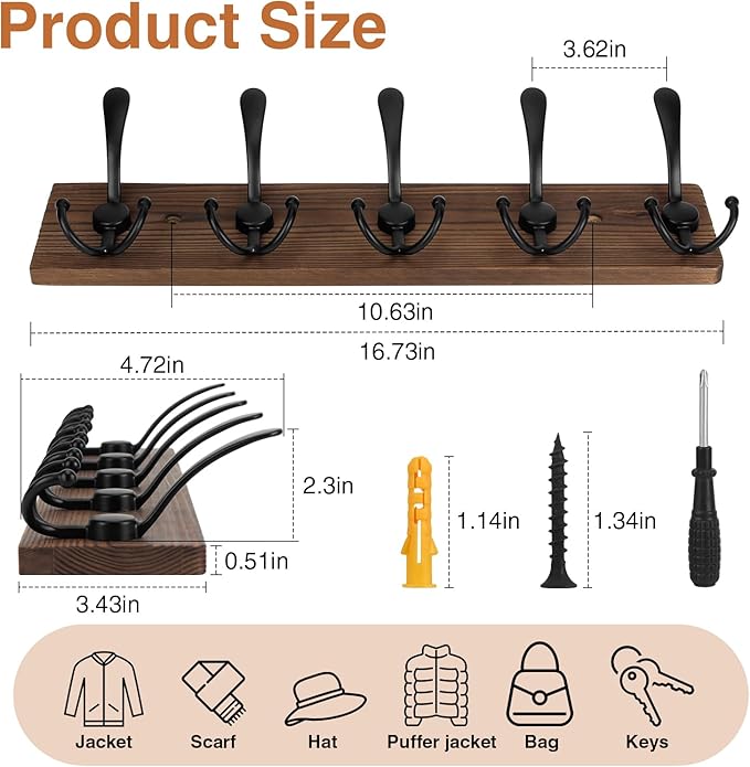 Wooden Coat Rack Wall Mount Heavy Duty, 2 Pack Coat Hanger Wall Mount with 5 Triple Hooks for Clothes, Jacket, Hat, Keys, Space Saving Entryway Organizer for Mudroom (‎Brown Plate & Black Hooks)
