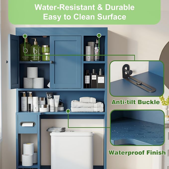 Over The Toilet Storage Cabinet with 7 Shelves, Imitation Walnut Grain Above Toilet Bathroom Organizer with Toilet Paper Holder Stand, Space Saver for Restroom, Laundry, Bathroom (Navy Blue)