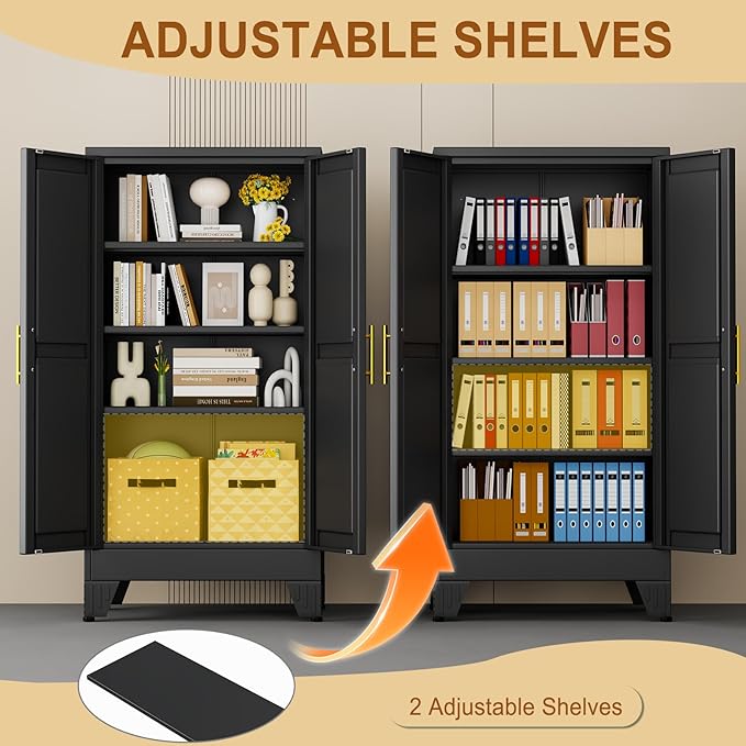 47" Black Metal Garage Storage Cabinet with 2 Doors and 3 Adjustable Shelves,Kitchen Pantry Cabinet,File Cabinet,Steel Tool Cabinet for Home,Office,Garage,School,Warehouse