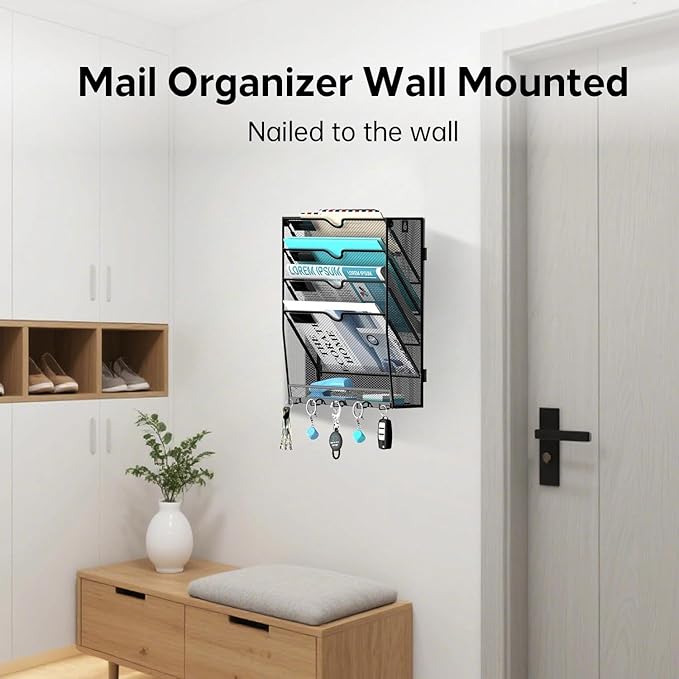 5 Tier Wall File Organizer - Hanging File Organizer with 5 Hooks, Mail Holder Wall Mounted for Papers, Folders, Magazines, Bills, Office&School Organization, Black