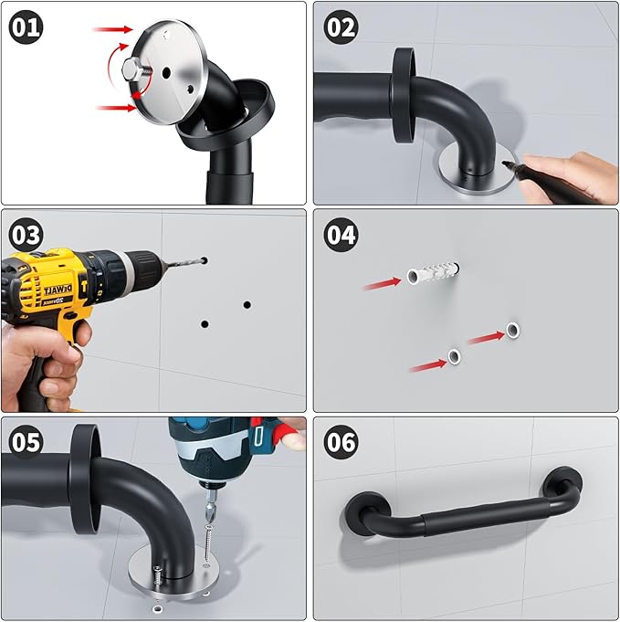Anti-Slip Grab Bars 12 Inch w/Silicone Grip, iMomwee Stainless Steel Wall Mounted Bathroom Grab Bar Handle, Matte Black Safety Shower Handrail for Senior, Handicap Balanced Support Bars