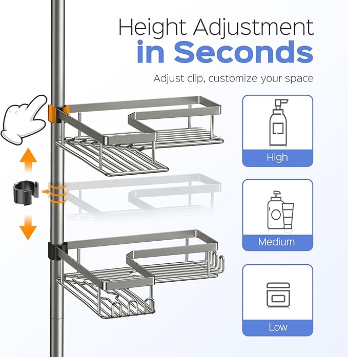 HAMITOR Shower Caddy Tension Pole: 4-Tier Corner Bathroom Organizer Shelf with Soap Holder & Hooks - No-Drill Adjustable Standing Storage Rack for Apartment Renters - 47-123 Inch Silver Gray