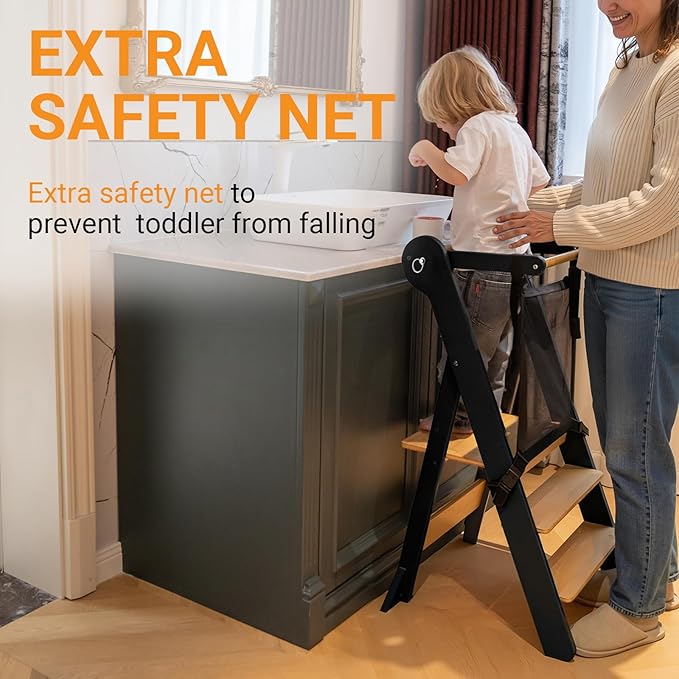 COSYLAND Foldable Toddler Standing Tower - Adjustable Height Folding Step Stool Kid Toddler Kitchen Stool for Learning and Cooking - Ages 18 Months to 6 Years with Safety Net Natural & Charcoal
