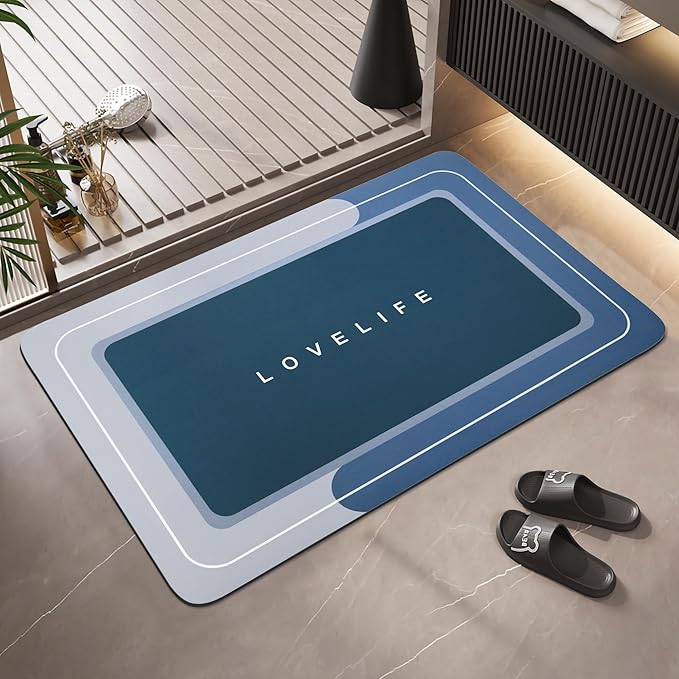 Bath mat Rubber Bathroom Mat-Quick Dry Absorbent Rug Non-Slip Thin Bathroom Rug Instant Dry Magic Bath mats for Bathroom Floor Mat in Front of Bathtub, Sink, Blue, 17x27in