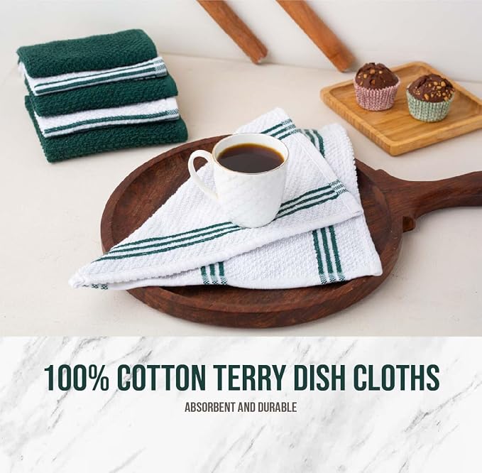 LANE LINEN Dish Towels and Dishcloths Sets - 16 Pc Kitchen Mitts and Pot Holders, 100% Cotton Kitchen Dish Rags for Washing Dishes - Green