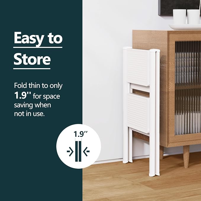 WOA WOA Step Ladder for Home, Foldable Step Stool for Kitchen with Non-Slip Pedals, Sturdy Ladders Supports up to 330 lbs, Compact and Portable - 2 Step/White