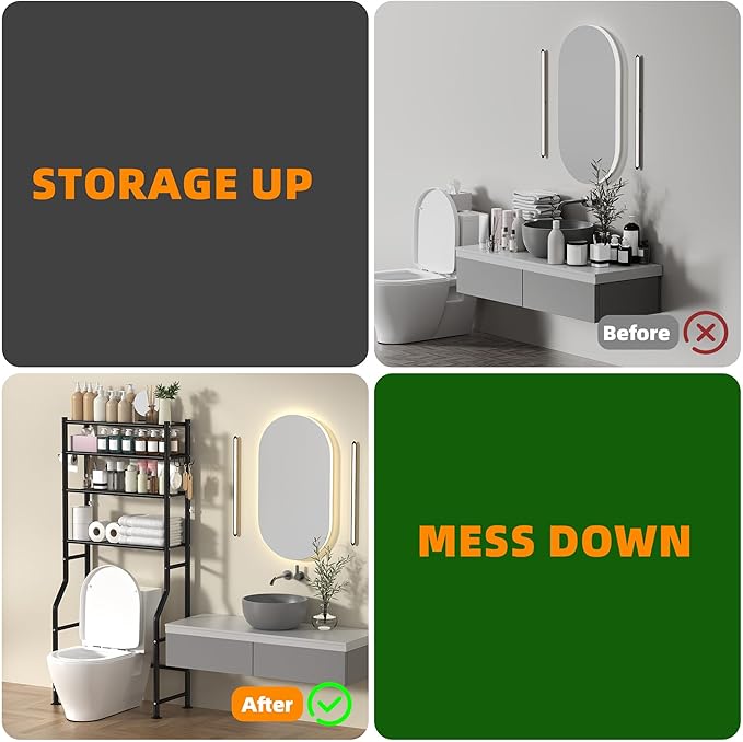 GloTika 4-Tier Over Toilet Storage with Anti-Tilt Safety System - 150lb Total Capacity Metal Bathroom Shelves Including Paper Holder & 4 Hooks, Space Saving Above Commode Organizer (64" H, Black)