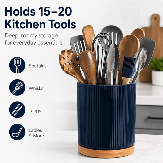 QUELIEN Utensil Holder, 360° Rotating Ceramic Kitchen Utensil Holder for Countertop, 7.7" Utensil Crock for Kitchen Counter with Rotatable Wooden Base,Ideal Housewarming Gift & Mothers Day Gift