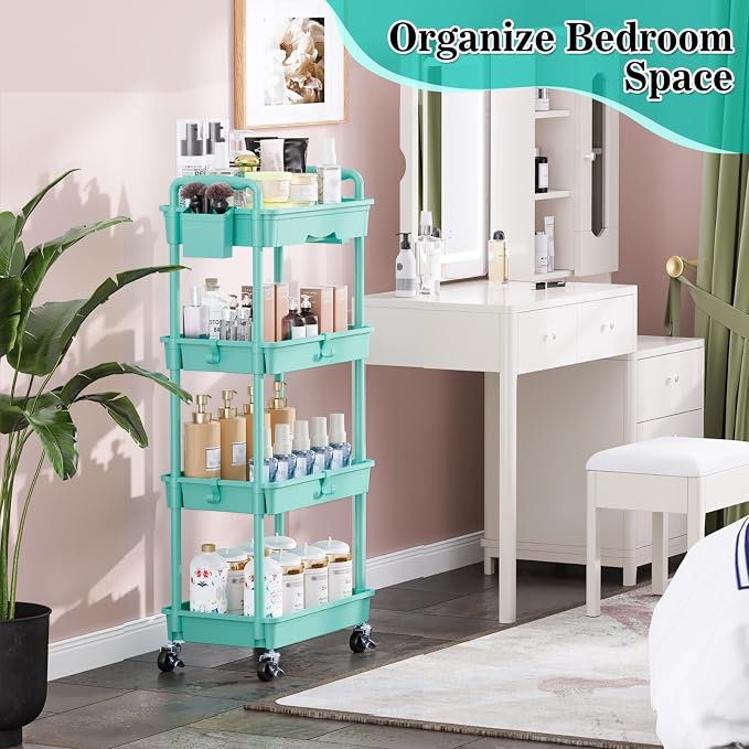 SUNALLY 4 Tier Rolling Utility Cart with Drawer, Storage Organizer Cart with 2 Lockable Wheels, Multifunctional Rolling Storage Cart for Bathroom, Kitchen, Craft, Makeup, Baby Essentials, Blue