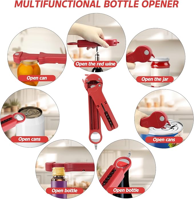 Jar Opener for Seniors with Arthritis, 7 in 1 Bottle Opener and Wine Corkscrew, Easy Grip Kitchen Gadget for Weak Hands Elderly, Retractable Jaw Lid Opener with Magnetic Storage (Red)