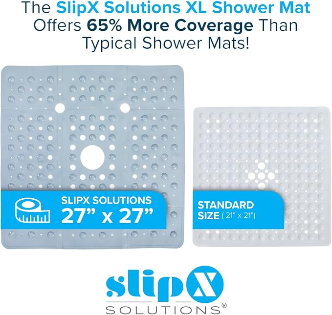 SlipX Solutions Case Pack - 27" Oversize Square Shower Mat, Non-Slip Mat for Elderly & Kids, 100+ Power Grip Suction Cups for Smooth Surfaces, Machine Washable, Solid Gray, Box of 4