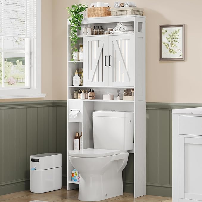Over The Toilet Storage Cabinet with 2 Barn Doors & Built-in Toilet Paper Holder, Farmhouse Space-Saving Organizer for Bathrooms and Laundry Room, White