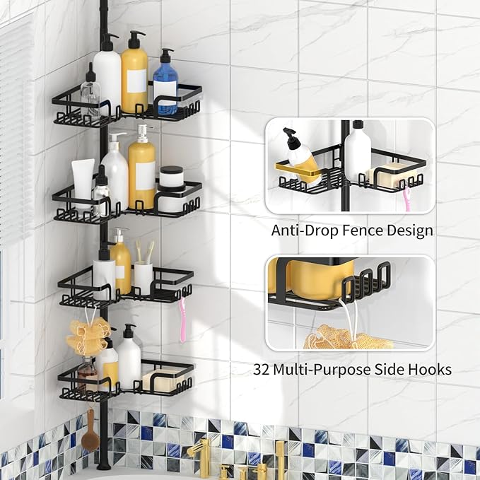 KEGII Adjustable Shower Caddy Corner Tension Pole, Rustproof Shower Rod Organizer with Hooks, Floor to Ceiling Tension Rod 25-114.2 Inch, Bathtub Storage Organizer for Shampoo, 4-Tier Black