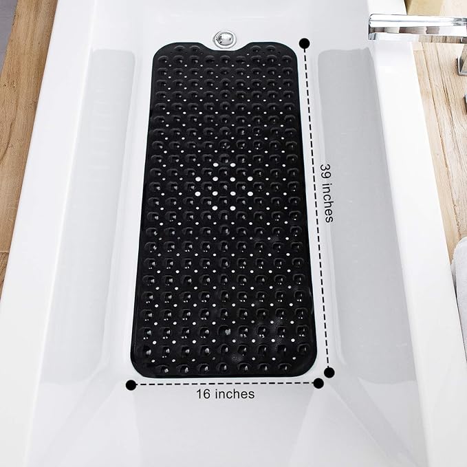 TEESHLY Bathtub Mats for Shower Tub, Extra Long Non-Slip 39 x 16 Inch Bath Mat with Drain Holes and Suction Cups, BathMat for Bathroom with Machine Washable (Opaque Black)