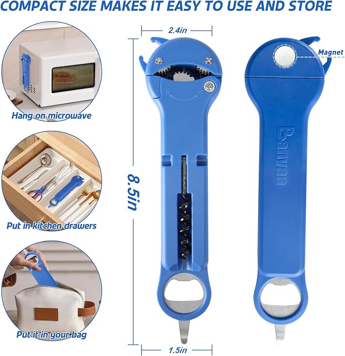 Jar Opener for Seniors with Arthritis, 7 in 1 Bottle Opener and Wine Corkscrew, Easy Grip Kitchen Gadget for Weak Hands Elderly, Retractable Jaw Lid Opener with Magnetic Storage (Blue)