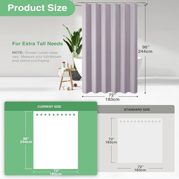 Dynamene Extra Long Shower Curtain - 96 Inch Long Waffle Weave Weighted Thick Cloth Bathroom Shower Curtain, Neutral Heavy Duty Hotel Bath Curtain Set with 12 Plastic Hooks,72x96, Lavender