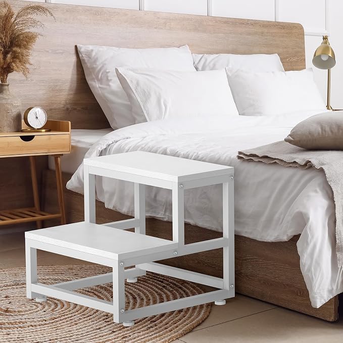 LIANTRAL 2 Step Stool for Adults Kids, Heavy Duty Sturdy Steel Frame with Wooden Steps, Bedside Foot Stool with 500lbs Load Capacity, Non-Slip Step Stool for High Bed, Kitchen, RV Step - White