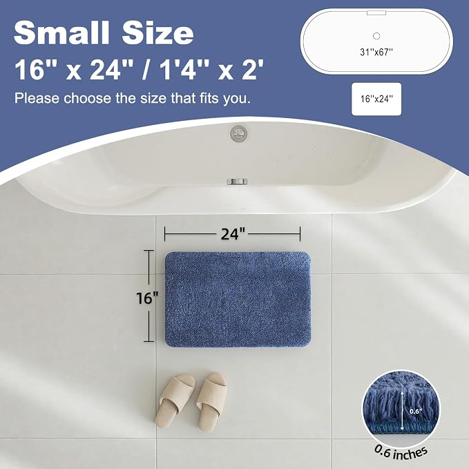 TYUU Bathroom Rugs Non Slip Washable, Ultra Soft Super Absorbent Quick Dry Small Bath Mat with Rubber Backing for Bathroom Floor, Shower, or Sink, Denim Blue 16" x 24"
