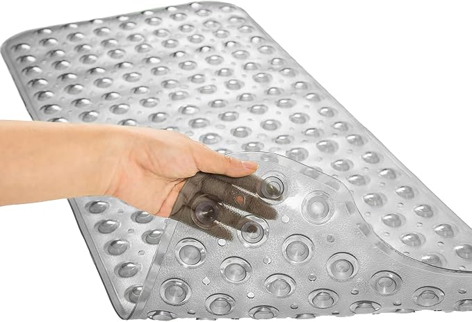 TEESHLY Bathtub Mats for Shower Tub, Extra Long Non-Slip 39 x 16 Inch Bath Mat with Drain Holes and Suction Cups, BathMat for Bathroom with Machine Washable (Clear Grey)
