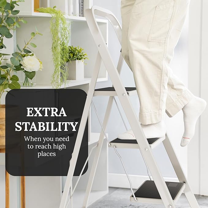 3-Step Ladder with Wide Anti-Slip Platform & Thick Rubber Feet | Heavy Duty Foldable & Portable | 330 lbs Capacity, Steel Frame, Rubber Handgrip, Folding Step Stool