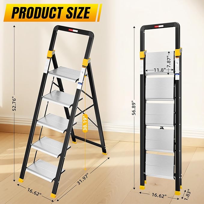 KINGRACK 5 Step Ladder, Aluminium Folding Step Stool with Anti-Slip Wide Pedals & Comfortable Handrail, 330lbs Load Capacity, Space Saving Design for Home & Kitchen, Sturdy and Portable, Silver
