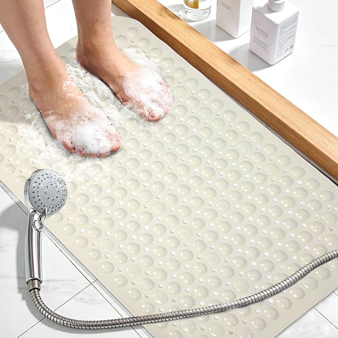 Large Shower Mat 21.5x33.5 Inch Beige, Soft Non Slip Shower Mats for Inside Shower with Big Suction Cups Drain Holes, Extra Large Bath Bathtub Mat Floor Stall Mats, BPA-Free, Easy Clean