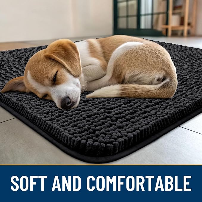 Smiry Dog Door Mat for Muddy Paws 59x24, Absorbent Dirt Trapper, Non-Slip Washable Chenille Entryway Rug for Inside Floor, Black, Classic Solid