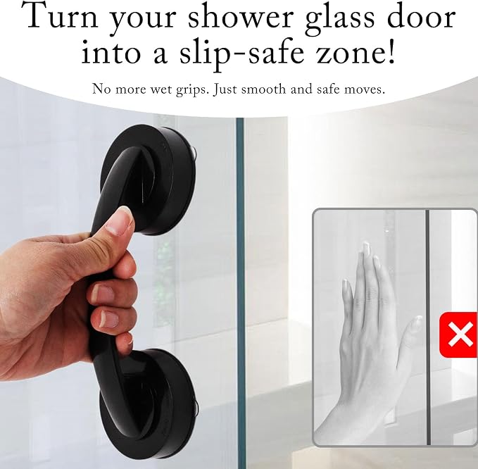 2 Pack Suction Cup Handle for Glass Door, Shower Grab Bar Without Drilling, Non-Marking Pull for Sliding Door Wardrobe Refrigerator Microwave Oven (Large,Black)