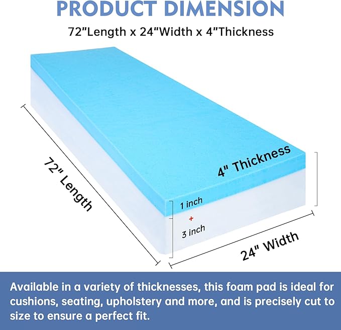 Upholstery Foam, 72" x 24" x 4" High Density Gel Memory Foam Padding Couch Cushion Support, Cut to Size Foam Replacement Pad for Sofa Sag Support