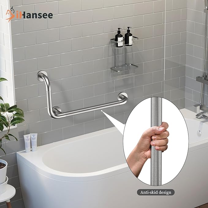 Brushed Nickel Angled Grab Bar 12x24 Inch, iHansee Bathroom Safety Bar w/Anti-Slip Knurled Grip, Wall Mount L-Shaped Shower Handle for Elderly Senior Handicap, Toilet Bathtub Balance Support Bar