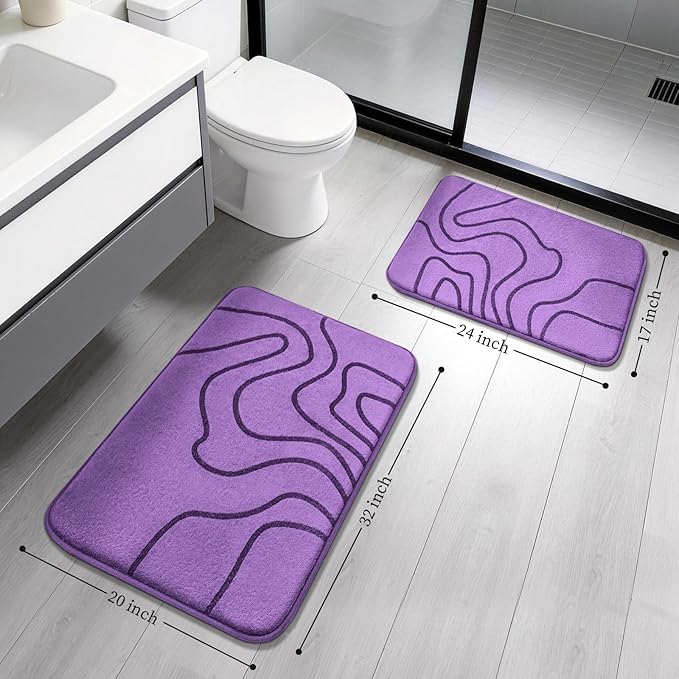 YIHOUSE Memory Foam Bathroom Rugs Sets 2 Piece - Extra Thick Ultra Soft Absorbent Bath Mat Set, Non-Slip Machine Washable Bath Rugs for Bathroom, Tub & Shower, Home Decor (32"x20"+24"x17", Purple)