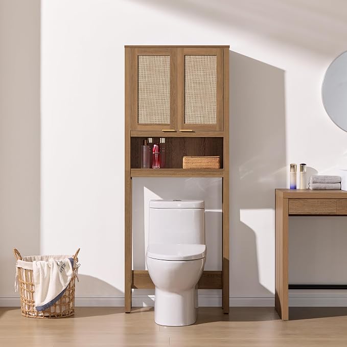 SICOTAS Over The Toilet Storage Cabinet with Rattan Door, Freestanding Bathroom Organizer with Adjustable Shelf, Space Saver Cabinet for Bathroom, Laundry Room, Restroom