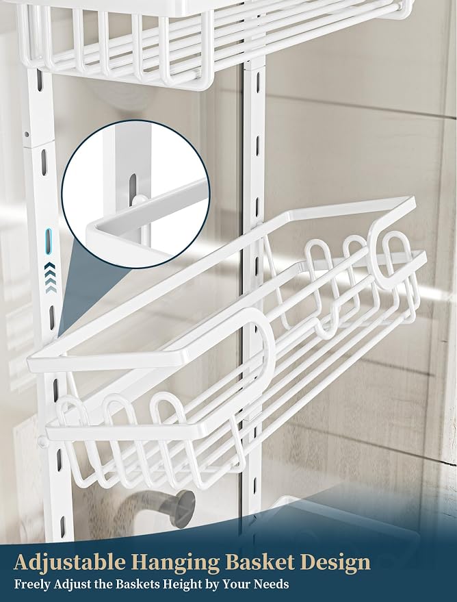 Consumest Over The Door Shower Caddy - 4 Tier Adjustable Hanging Shower Organizer Shelf with 2 Soap Holders & 22 Hooks, Rustproof Easy Installation Hanging Storage Rack for Bathroom, White