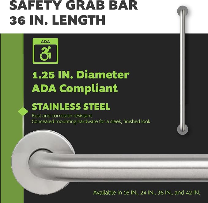 Homewerks 068 HW11436SS 36 inch Bathroom Grab Bar with 1-1/4 Inch Diameter and Concealed Screws ADA Compliant, Stainless Steel