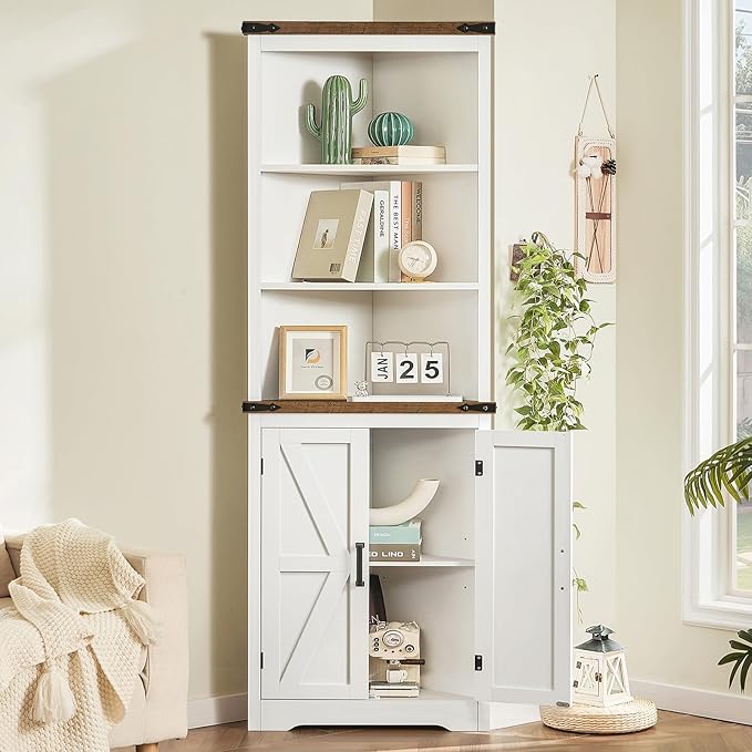 TEENFON Farmhouse Corner Cabinet, 70" H Tall Corner Hutch with 5 Shelves & 2 Barn Doors, Bathroom Cabinet with Adjustable Shelf, for Living Room, Kitchen, Bathroom, White
